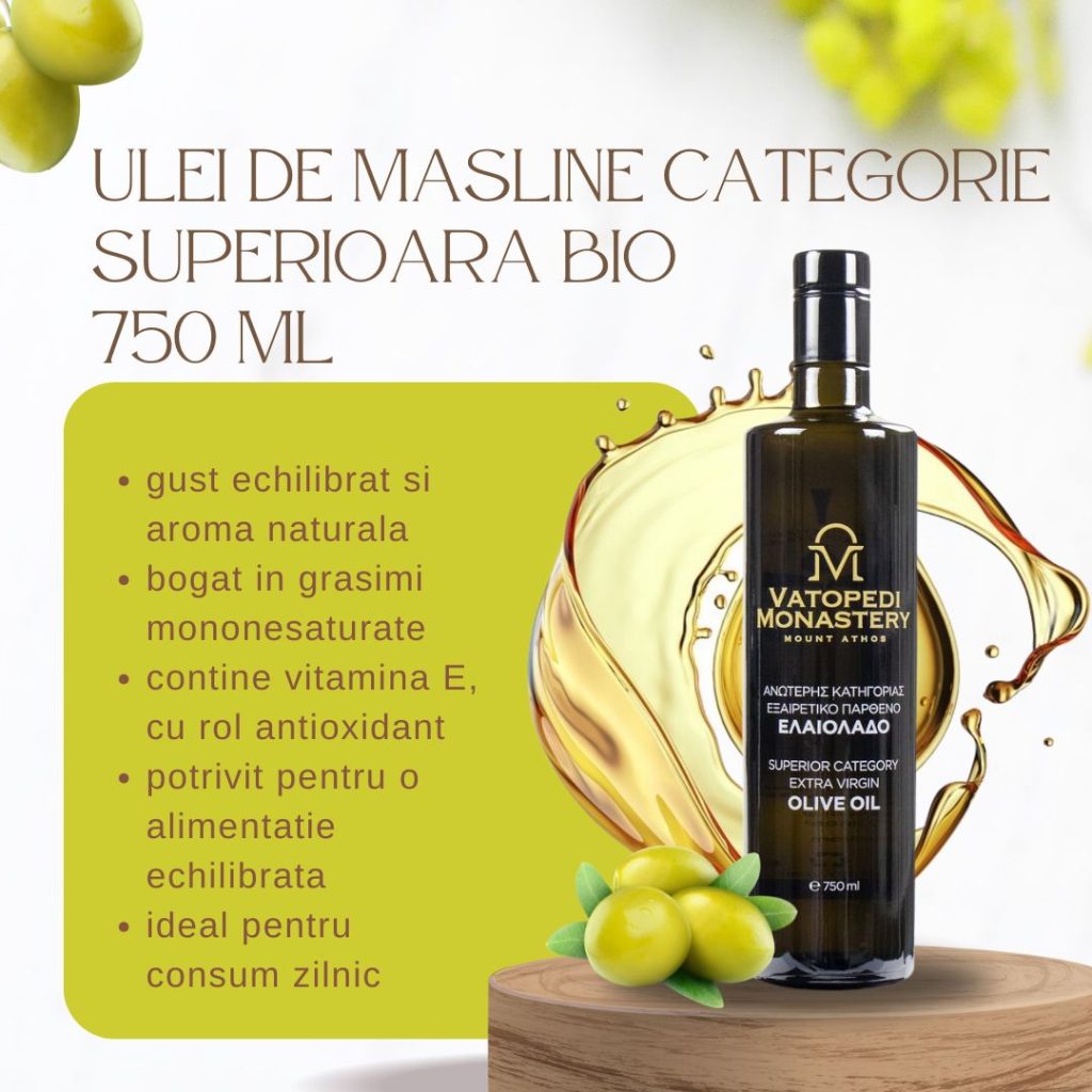Ulei De Masline Extra Virgin 750 Ml, Muntele Athos, din recolta Manastirii Vatoped, Grecia, Prima presare la rece, Fara pesticide, Gust fructat catifelat