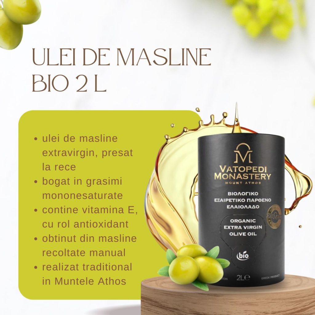 Ulei De Masline Extra Virgin BIO 2L, Muntele Athos, din recolta Manastirii Vatoped, Grecia, 2024/2025, Prima presare la rece, Fara pesticide, Gust fructat catifelat